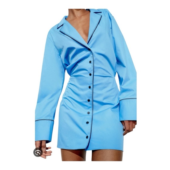 💙 ZARA Blue Short Trench Mini Dress Size S – Contrast Piping, Lapel Collar - Picture 2 of 8